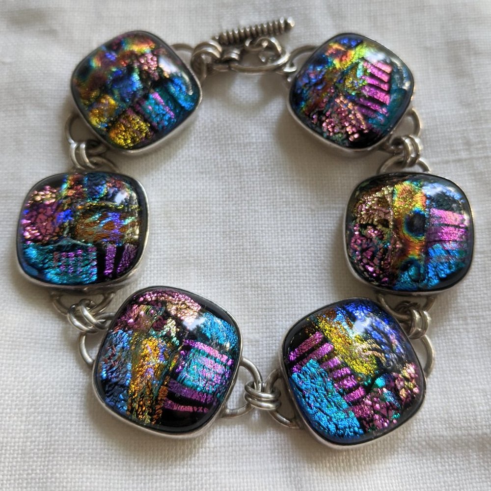 bracelet 7" sterling silver fused glass cabachons